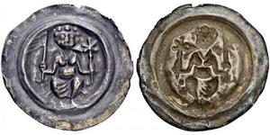 1197,DEUTSCHLAND. Meissen. Dietrich der Bedrängte 1197-1221. Brakteat. Sitzender Markgraf von vorn auf Halbbogen, in der Rechten Sternzepter, in der Linken eine Fahne. 0.95 g. Schwinkowski 357. D ...