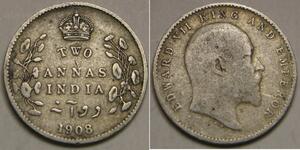 INDIA (British) 2 Annas 1908 - Silver 0.917 - Edward VII. - VF - 1750 *