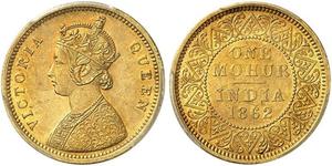 1862,INDIEN. British East India Company. Victoria 1837-1901. 1 Mohur 1862, Kalkutta. KM 480. Schl. 890. Fr. 1598. PCGS AU58. (~€ 1315/USD 1515)