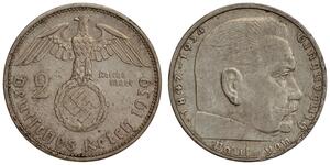 Germany - 2 Reichsmark 1939-A - Paul von Hindenburg, Silver