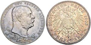 1903,DEUTSCHLAND. Kaiserreich. Sachsen-Altenburg, Herzogtum. Ernst, 1853-1908. 5 Mark 1903 A, Berlin. Zum 50-jährigen Regierungsjubiläum. 27.73 g. J. 144. Feine Patina / Nice toning. Fast vorzügl ...