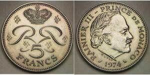 MONACO 5 Francs 1974 - Copper-Nickel - Rainier III. - aUNC - 3543 *