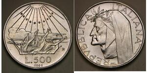 ITALY 500 Lire 1965 R - Silver 0.835 - Dante Alighieri - aUNC - 1812 *