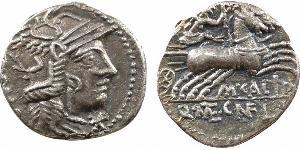 Calidia, denier, Rome, 117-116 av. J.-C. A/[ROMA]. Tête casquée de Roma à droite ; devant, XVI en monogramme. R/M CALID/ Q MET CN FL. La Victoire dans un bige à droite, tenant une couronne. TTB,  ...