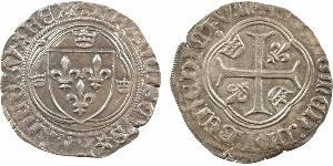 François Ier, Grand blanc à la couronne 1er type, Saint-Lô A/+ FRANCISCVS* FRANCORV* REX. Écu de France entre trois couronnelles, dans un trilobe. R/+ SIT: NOMEN: DNI: BENEDICTVM:. Croix cantonné ...
