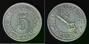 BREMEN (German State) 5 Pfennig ND - Aluminum - XF - 3484