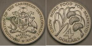 BARBADOS 4 Dollars 1970 - Cu-Ni - Caribbean Development Bank / FAO - aUNC -2717*
