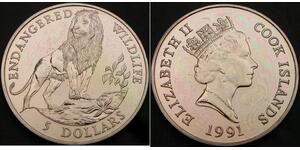 COOK ISLANDS 5 Dollars 1991 - Endangered Wildlife - Lion - UNC - 2063 
