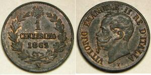 ITALY 1 Centesimo 1862 N - Copper - Vittorio Emanuele II. - aUNC - 1790 *