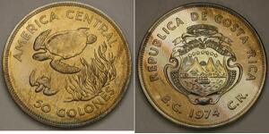 COSTA RICA 50 Colones 1974 - Silver 0.5 - Toned - Conservation - UNC - 2762 *