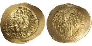 1065,BYZANTINE EMPIRE. Constantinus X Ducas, 1059-1067. Histamenon c. 1065-1067, Constantinople. Christ, nimbate, seated facing on curved- backed throne, raising his right hand in benediction and ...