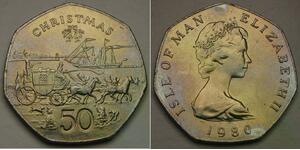 ISLE OF MAN 50 Pence 1980 PM AA - Copper-Nickel - Christmas 80 - aUNC - 425 *
