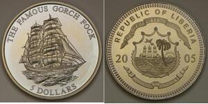 LIBERIA 5 Dollars 2005 - Copper-Nickel - Sailing Ship Gorch Fock - UNC - 2906 *