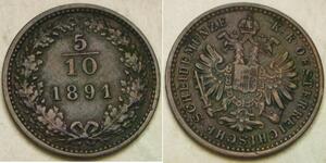 AUSTRIA 5/10 Kreuzer 1891 - Copper - Franz Joseph - XF - 3180 *