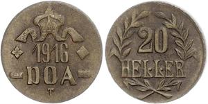 Deutsch Ostafrika. 20 Heller Messing 1916 T. Kleine Krone / LL vollständig. Jaeger 726 b. Sehr schön - vorzüglich