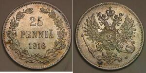 FINLAND 25 Pennia 1916 S - Silver 0.75 - Nicholas II. - aUNC - 294 *