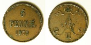 FINLAND 5 Pennia 1875 - Copper - Alexander II. - VF - 1552