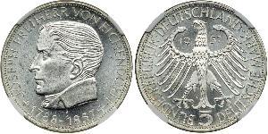  Germany. 5 Marks, 1957-J. KM-117; J-391. Centenary - Death of Joseph Freiherr von Eichendorff. Nice lustrous example. NGC graded MS-63. Estimated Value $200 - 250. Categories: World Crowns and Minors
