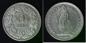 SWITZERLAND 1/2 Franc 1920 B - Silver 0.835 - VF/XF - 3858