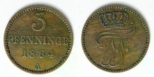 MECKLENBURG SCHWERIN 3 Pfennig 1864 A - Copper - Friedrich Franz II - XF- - 442