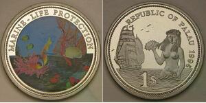PALAU 1 Dollar 1994 Proof -Cu-Ni- Endangered Wildlife / Fish and Coral - 1087 *
