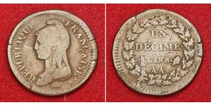  
  
   
    1800, France (1st Republic). Large Copper Decime (10 Centimes) Coin. Metz mint!
     Reference: KM-645.2.   Mint Place: Metz (AA)   Mint Year: 1799/1800 (L'AN 8)  Denomination:  Deci ...