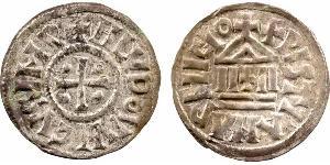 Louis le Pieux, denier au temple A/+ H LVDOVVICVS IMP. Croix cantonnée de quatre globules. R/XPISTIANA RELIGIO. Temple. TTB, Argent, 21,0 mm, 1,71 g, 10 h. D.1179 (5019 ex.), MG.472