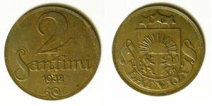 LATVIA 2 Santimi 1932 - Bronze - aUNC - 3885