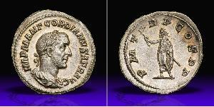  Gordian I Africanus. Silver Denarius (3.19 g), AD 238. Rome. IMP M ANT GORDIANVS AFR AVG, laureate, draped and cuirassed bust of Gordian I right. Reverse : P M T-R P COS P P, emperor, togate, st ...