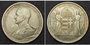  
  1939, Hungary (Regency), Miklós Horthy de Nagybánya.  Silver 5 Pengo Coin. XF-  Mint Year: 1939 Reference: KM-517. Mintage: 408,000 pcs.    Mint Place: Budapest (B.P.) Denomination: 5 Pengö ( ...