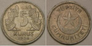 TURKEY 5 Kurush 1936 - Copper-Nickel - VF+ - 4153 *