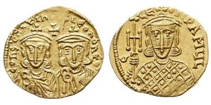 BYZANT; STAROŻYTNOŚĆ - BIZANCJUM. Leon III, Konstantyn V i Leon IV 751-775, solidus 751-757, Konstantynopol, Aw: Popiersia obu władców na wprost, CONSTANTINOS S LEONONEOS, Rw: Popiersie Leona III ...