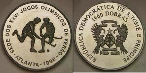 ST. THOMAS & PRINCE 1000 Dobras (1993) Proof - Atlanta Olympics F. Hockey -1036*