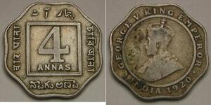 INDIA (British) 4 Annas 1920 - Copper - George V. - VF - 1745 *