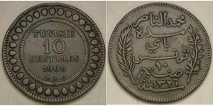 TUNISIA 10 Centimes AH 1326 / 1908 A - Bronze - Muhammad V. - VF - 2829 *
