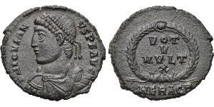 JOVIAN (363-364). Follis. Heraclea. Obv: D N IOVIANVS P F AVG. Diademed, draped and cuirassed bust left. Rev: VOT / V / MVLT / X / HERAC B. Legend in 4 lines, all within wreath. RIC 110. Conditio ...