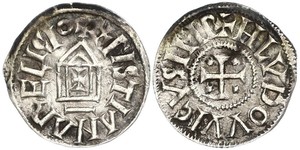 Ludwig der Fromme Pfennig, unbekannte Münzstätte. 1,51 g. XPISTIANARELIGIO Auffallend hohe und schmale Kirche / +HLVDOVICVSIMP Kreuz. Morrison-Grunthal 472 ff. Leichter Belag. Sehr schön