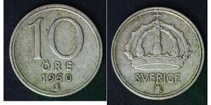 SWEDEN 10 Ore 1950 TS - Silver 0.400 - Gustaf V. - VF- - 782