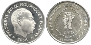 Elfenbeinküste, Republik 10 Francs 1966. KM 1. Prachtexemplar. Polierte Platte