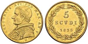 1835,ITALIEN. Vatikan - Kirchenstaat. Gregor XVI. 1831-1846. 5 Scudi 1835 / Anno V R, Roma. 8.63 g. Mont. 32. Pagani 174. Fr. 265. Selten / Rare. Kleine Randfehler und Kratzer auf dem Avers / Som ...