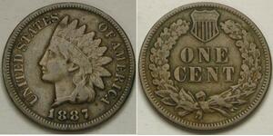 USA Indian Head Cent 1887 - Bronze - VF- - 3067 *
