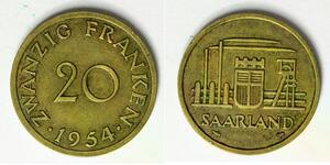SAARLAND (German Republic State) 20 Franken 1954(a) - Aluminum/Bronze - 4241