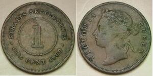 STRAITS SETTLEMENTS 1 Cent 1900 - Bronze - Queen Victoria - VF - 990 *