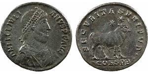Julien II, double maiorina, Constantinople, 361-363 A/D N FL CL IVLI-ANVS P F AVG. Buste diadémé à droite, avec cuirasse et draperie, vu de trois quarts en avant. R/SECVRITAS REIPVB/ (palme)CONSP ...