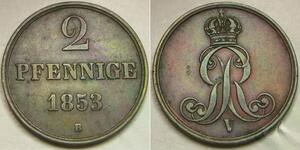 HANNOVER (German Kingdom) 2 Pfennig 1853 B - Copper - Georg V. - VF/XF - 861 *