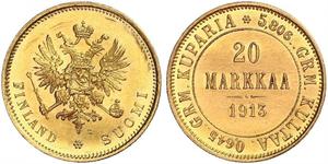 Finnland. Nikolaus II. von Russland 1894-1917. 20 Markkaa 1913 S. K.M. 9.2, Friedberg 3. GOLD. Fast Stempelglanz / winzige Kratzer, vorzüglich +