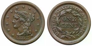 1852 Braided Hair Large Cent, rare N-23, R5, LDS (b), reverse cud