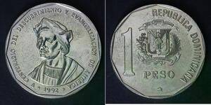 DOMINICAN REPUBLIC 1 Peso 1992 - Copper/Nickel - Christopher Columbus - 1547