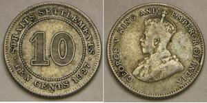 STRAITS SETTLEMENTS 10 Cents 1927 - Silver 0.6 - George V. - VF+ - 2602 *