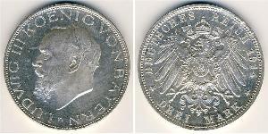 Бавария
3 марки (1914 г.)
Серебро
D. Людвиг III. Номер по Краузе # 520, 900-я проба, 16,667 г.

